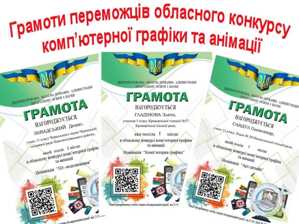 Грамоти переможцям обласного конкурсу комп’ютерної графіки і анімації за 2024 рік.