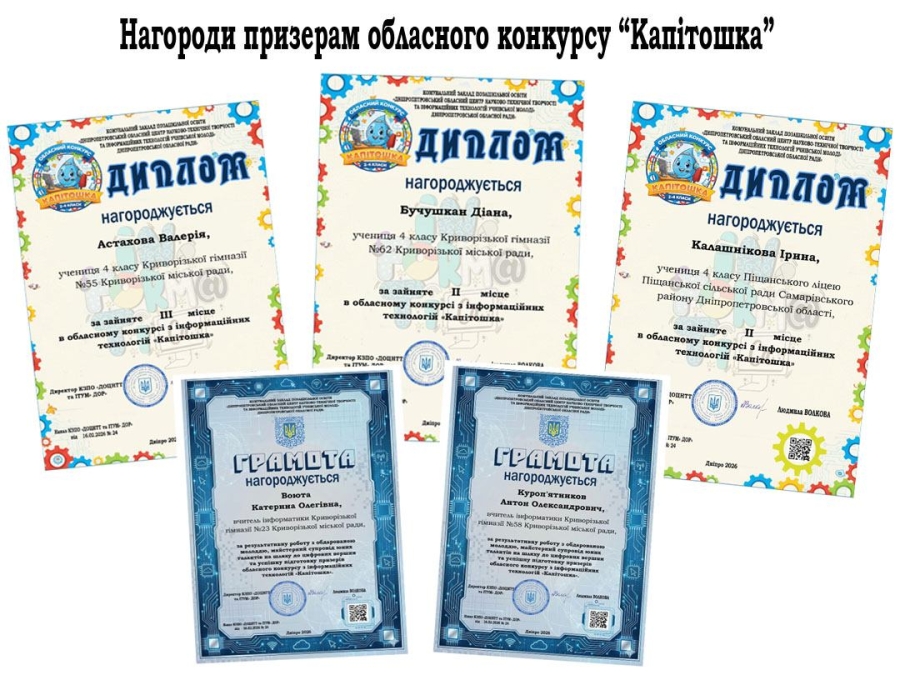 Дипломи переможцям обласного конкурсу з інформаційних технологій «Капітошка».