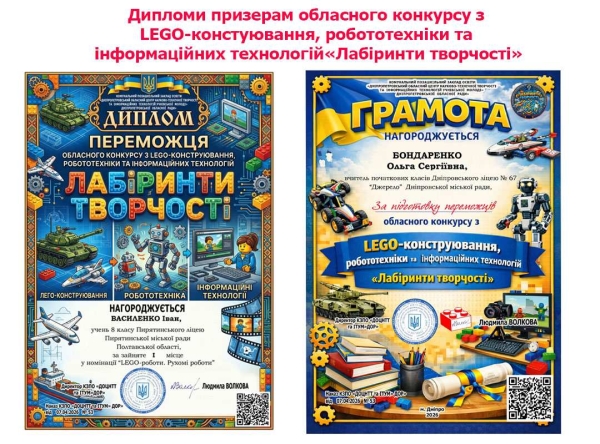 Дипломи переможців конкурсу з LEGO-конструювання.