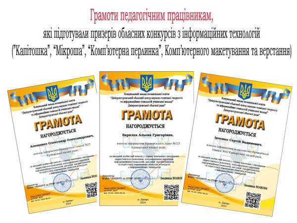 Грамоти вчителям переможців обласних конкурсів з інформаційних технологій.